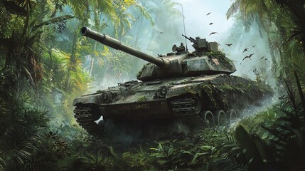 Fototapeta premium Tank Crushing Through Dense Jungle: A Powerful Military Image