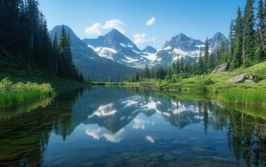 Fototapeta premium Mountain Lake Reflection with Snow-Capped Peaks and Lush Green Forest.