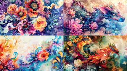 Watercolor blooms/backruns, fantasy creatures with vibrant colors, creating a lively and dynamic background