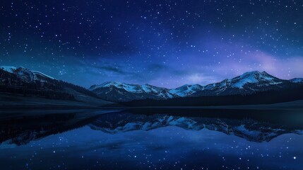 Majestic Mountain Range Reflecting in a Tranquil Lake Under a Starry Night Sky.
