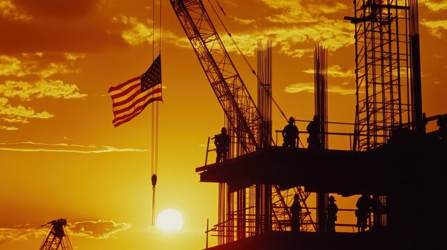 A dramatic image of a construction site at sunset, with workers silhouetted against the sky, cranes towering above, and an American flag prominently displayed on the scaffolding, symbolizing the