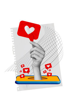Vertical creative composite photo collage of hand hold big social media like from smartphone touchscreen isolated on painted background