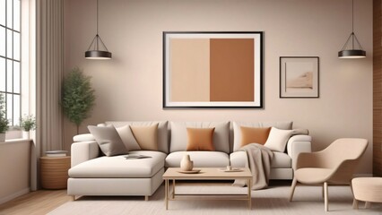 Fototapeta premium Modern living room with a fireplace, featuring contemporary furniture and stylish decor