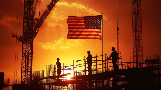 A dramatic image of a construction site at sunset, with workers silhouetted against the sky, cranes towering above, and an American flag prominently displayed on the scaffolding, symbolizing the