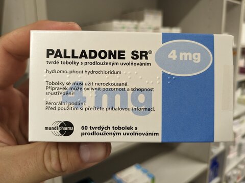 Prague,Czech Republic-August 10 2024: PALLADONE SR box of extended-release tablets with HYDROMORPHONE active substance,used for treatment of severe chronic pain.

