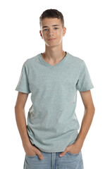 Fototapeta premium Teenage boy wearing light grey t-shirt on white background