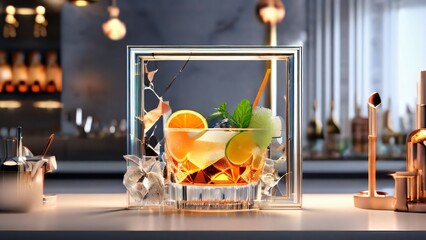 A refreshing cocktail in a stylish bar or restaurant, featuring vibrant fruit garnishes and a summery vibe perfect for a celebration or holiday