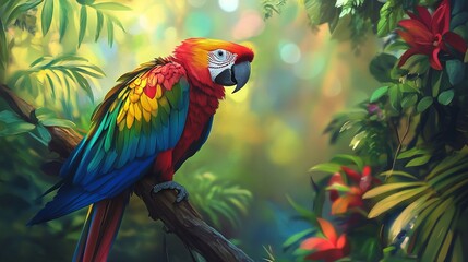 Vibrant Parrot Perched on Branch in Tropical Rainforest