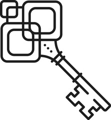 Medieval key line heraldry icon. Isolated vector linear sign symbolizes authority, security, mystery, power and access. large, ornate monochrome skeleton key with a long shaft and intricate detailing