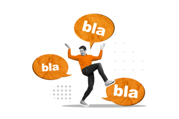 Artwork magazine collage picture of funky excited guy saying blablabla talking clouds isolated violet color background