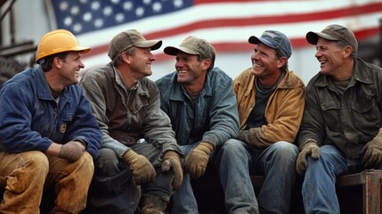 Fototapeta premium A group of factory workers taking a break, sitting together and sharing a laugh, with the American flag prominently displayed in the background, representing the camaraderie and pride of the working