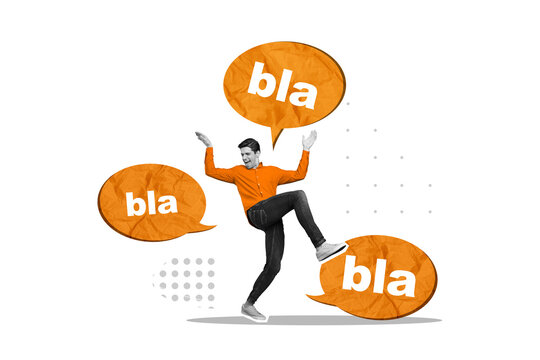 Artwork magazine collage picture of funky excited guy saying blablabla talking clouds isolated violet color background