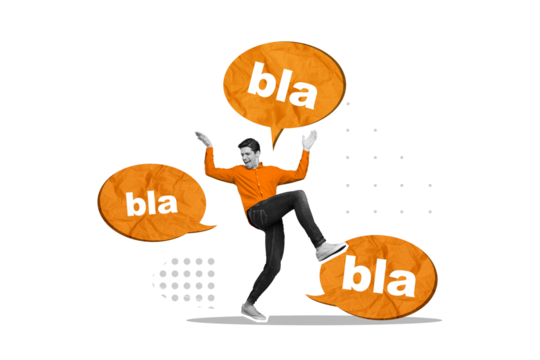 Artwork magazine collage picture of funky excited guy saying blablabla talking clouds isolated violet color background