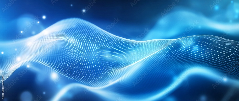Aufkleber an abstract illustration with connected lines and dots, and a flowing wave on black