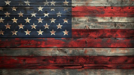 A rustic wooden background with an American flag draped across, the texture of the wood contrasting with the vibrant colors of the flag, creating a scene that speaks to the enduring spirit of the