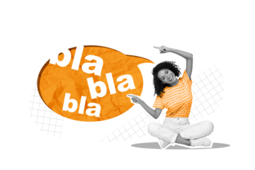 Creative retro 3d magazine collage image of smiling charming lady pointing fingers blablabla speaking cloud isolated purple color background