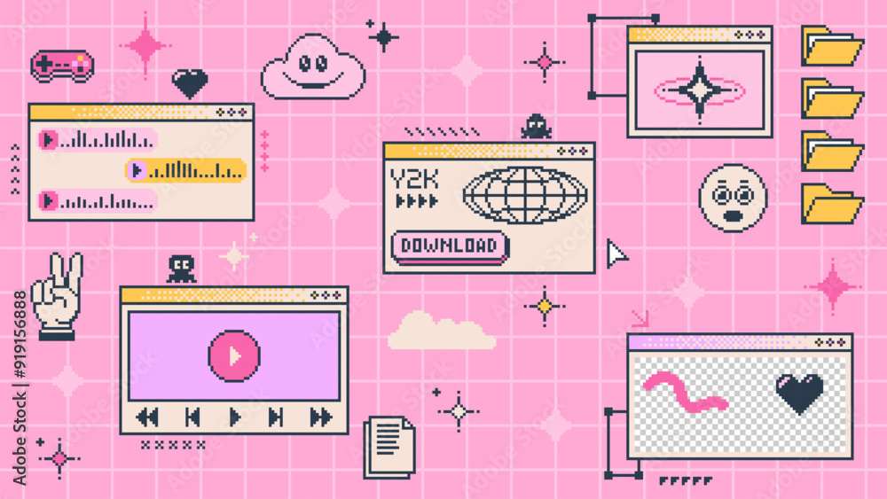 Fototapete Retro y2k computer window page interface, vector UI. Pixel art old web browser and desktop pc screen windows, smile, cloud and spider emojis, message boxes, folders and files, aesthetic stars, arrows