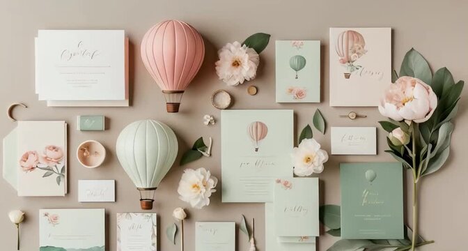 whimsical hot air balloons and peonies. a color palette of blush pink, creamy white, and sage green.