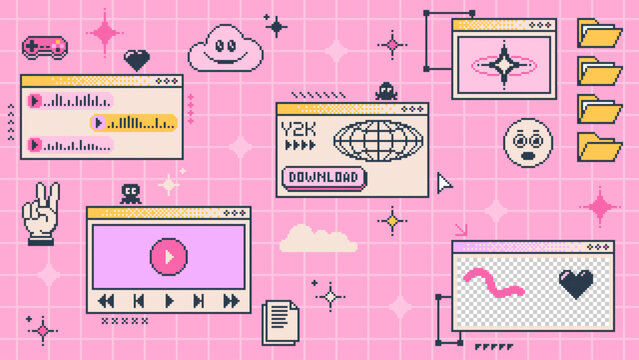 Retro y2k computer window page interface, vector UI. Pixel art old web browser and desktop pc screen windows, smile, cloud and spider emojis, message boxes, folders and files, aesthetic stars, arrows