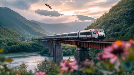 Breathtaking Panorama of Train Crossing Majestic Bridge