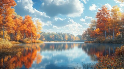 Obraz premium Tranquil Autumn Landscape with Lake and Colorful Trees