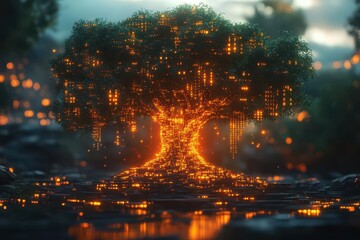 Fototapeta premium cybernetic tree of life growing from a glowing data cube branches formed by streaming binary code digital leaves displaying fragments of human knowledge
