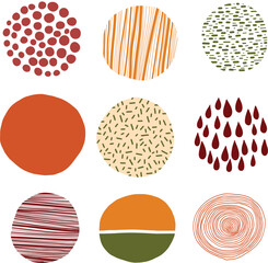 Set of round abstract colorful backgrounds or patterns. Autumn colors. Hand drawn doodles. Spots, drops, curves, lines. Modern fashion vector illustration. Posters, social media icon templates