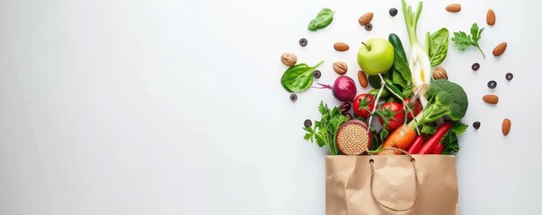 Paper bag with healthy food on white background, top view, space for text, organic products, flat lay