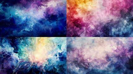 Watercolor crystalline texture on celestial themes, cosmic colors, and mystical cosmic scenes 
