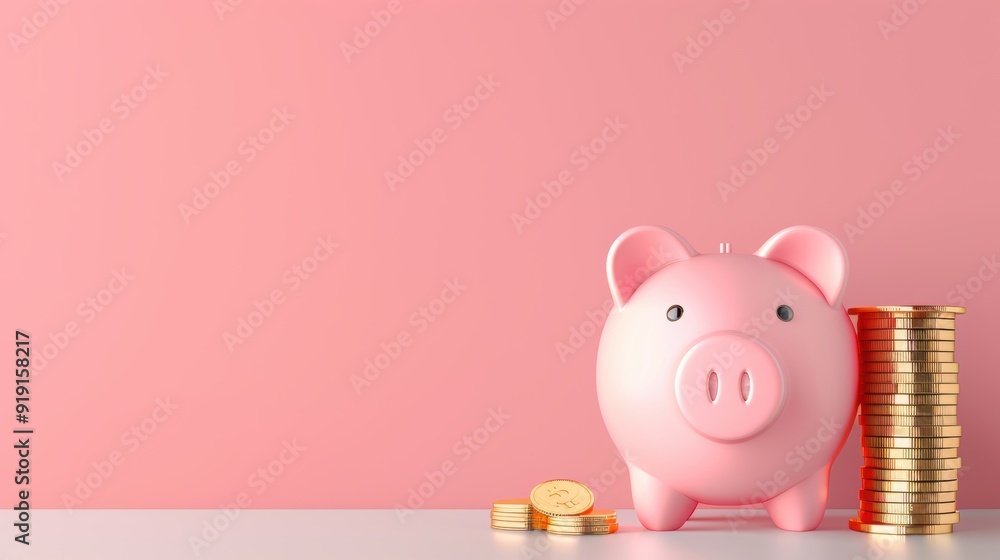 Poster a minimalist setup with a piggy bank and a stack of coins on a plain background, offering ample copy