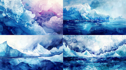 Watercolor crystalline texture on underwater icebergs, translucent ice formations, and marine tranquility 