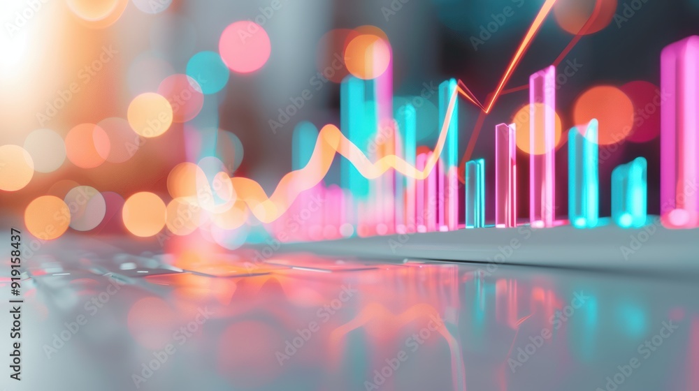 Poster a sophisticated image of charts and graphs on a digital display, showcasing upward trends in financi