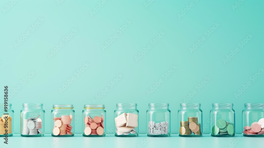 Aufkleber a row of savings jars labeled with various financial goals, set against a plain background with ampl