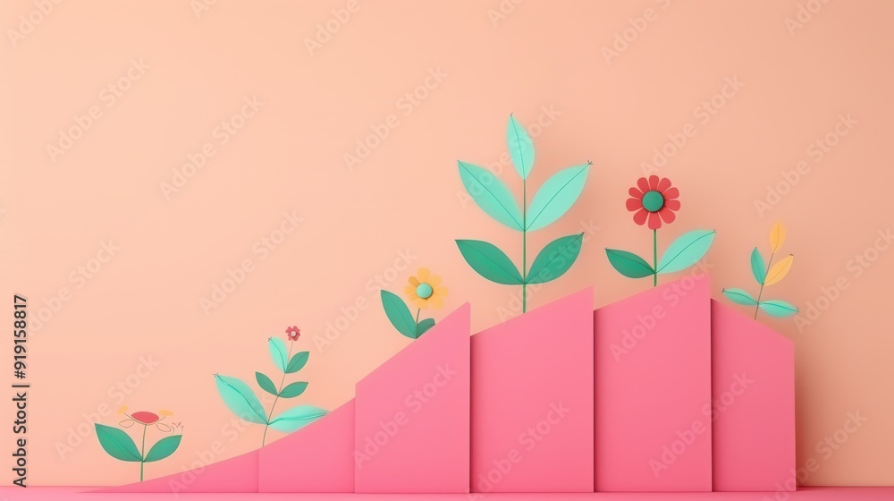 Poster a conceptual illustration of financial growth and development, incorporating abstract elements like 