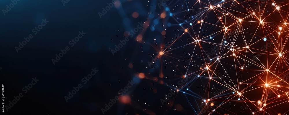 Poster abstract digital network design with glowing connections and nodes on a dark background, ideal for t