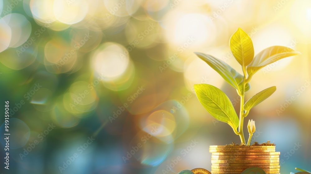 Poster a conceptual representation of financial growth and wealth accumulation, featuring a stack of golden