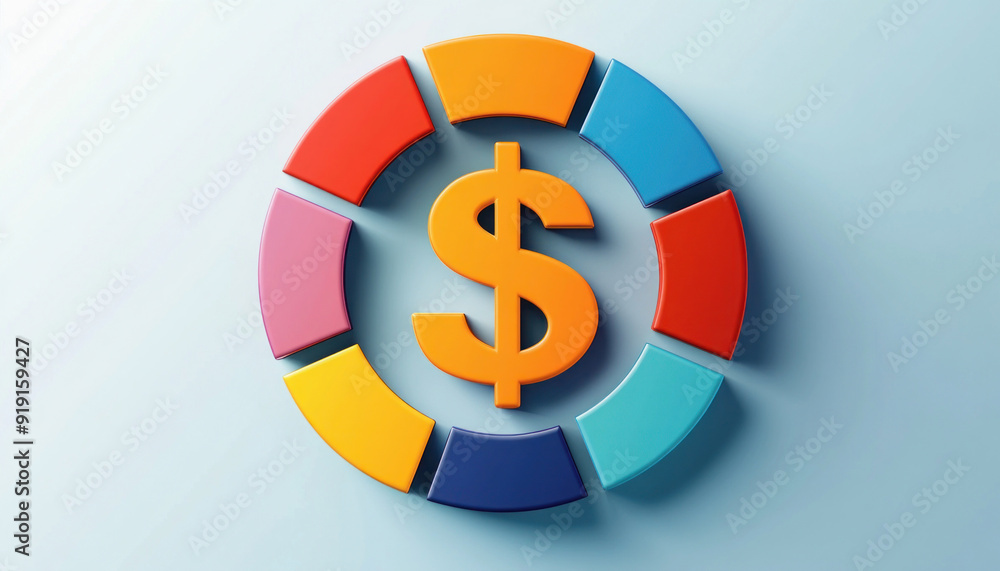 Poster 3d render of a colorful pie chart showing dollar sign