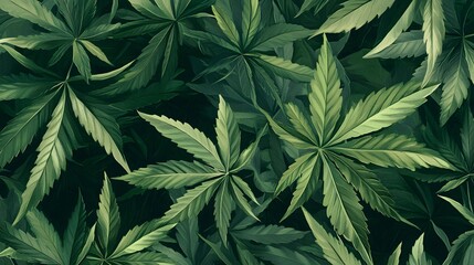Marijuana leaves on a background, close up top view on cannabis leaves and branches on background for alternative medical and marketing design concept