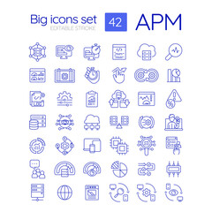 APM linear icons set. Network information technology. Content delivery. Dns servers, data storage. Customizable thin line symbols. Isolated vector outline illustrations. Editable stroke