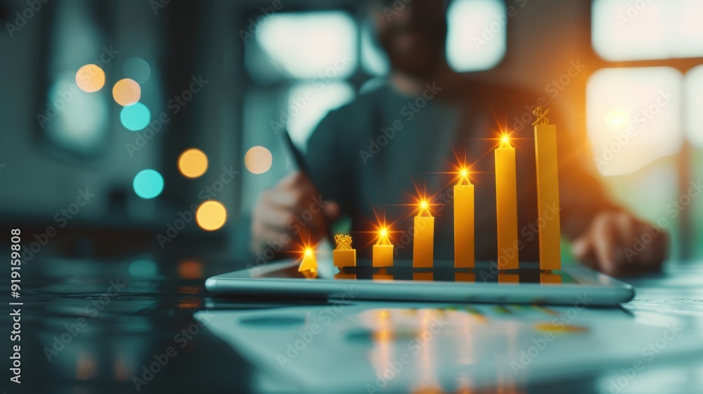Poster a conceptual image of startup success and financial growth, featuring a businessman analyzing financ