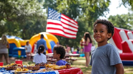 A festive scene at a community barbecue event in a local park, with families enjoying delicious grilled food, children playing on a bounce house, and live music creating a lively atmosphere, with an