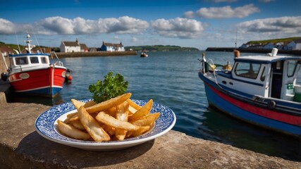 Fototapeta premium Fish and chips, fried cod and chips against a backdrop of a British fishing village