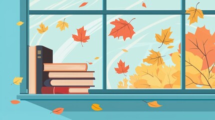 A cozy window view showcasing colorful autumn leaves and a stack of books, perfect for a warm, inviting atmosphere.