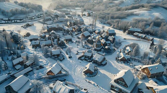 Aerial View Of Snowy settlement Footage 4K
