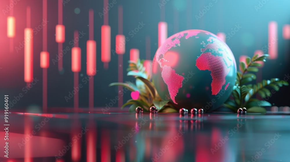 Poster an abstract visualization of global market expansion and financial growth, featuring a digital globe