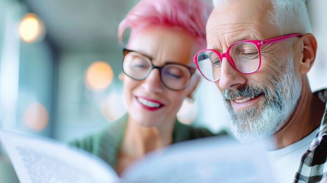 A senior couple smiling happily while reviewing financial documents together at a modern office desk, with copy space available for financial growth concepts. - Powered by Adobe