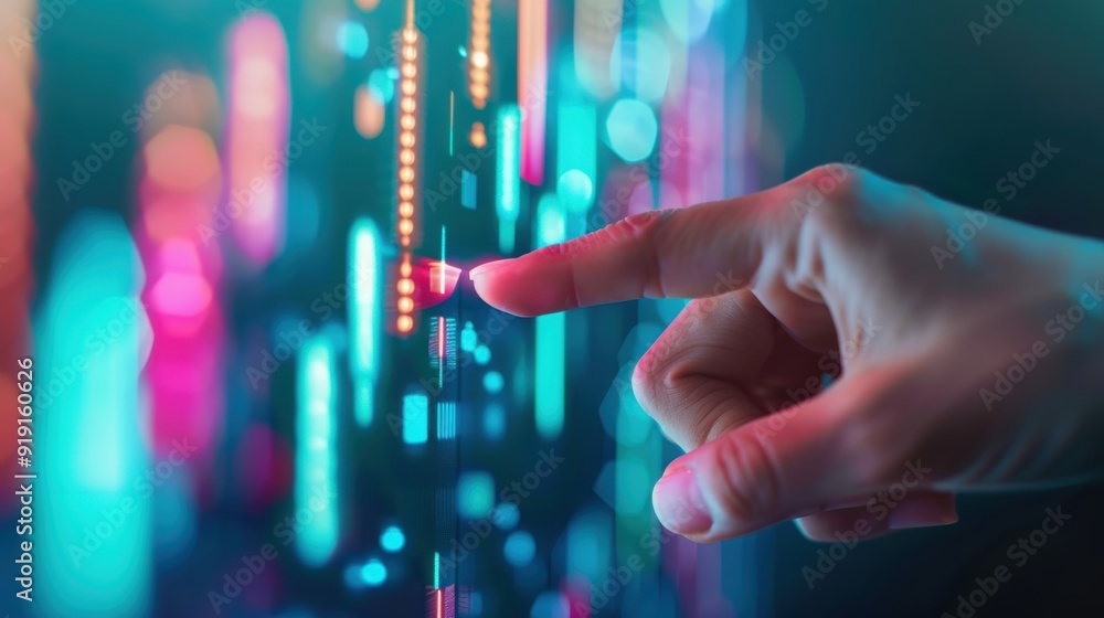 Poster a close-up of a financial advisor's hand pointing to a growth chart on a digital screen, illustratin