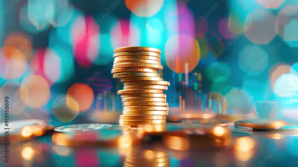 Poster a symbolic representation of financial concepts and savings, with a golden coin stack growing upward