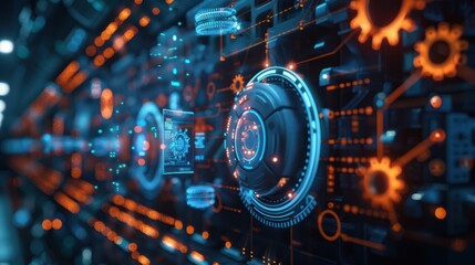 Futuristic Technology Interface with Glowing Lights and Gear Shapes