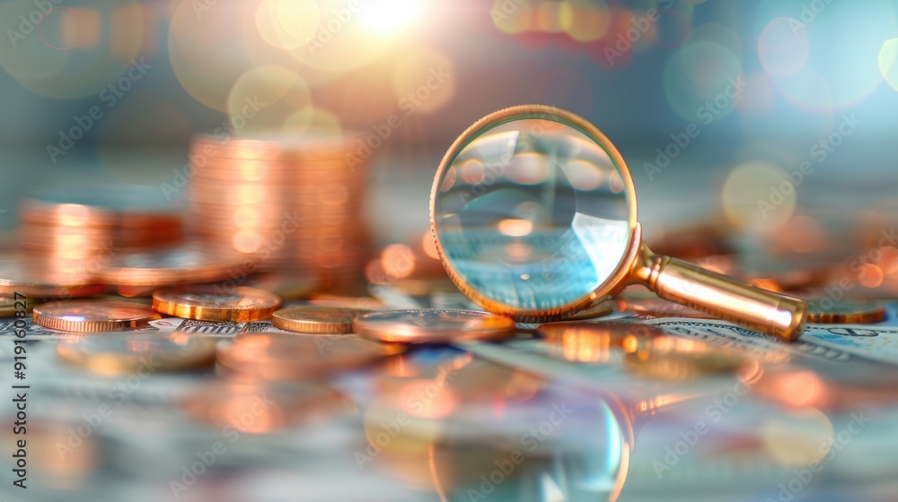 Poster a symbolic image representing financial concepts and savings, featuring a magnifying glass focusing 
